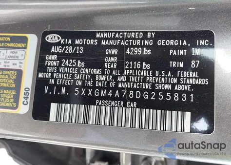 2013 Kia Optima Lx from USA, damaged, VIN 5XXGM4A78DG255831